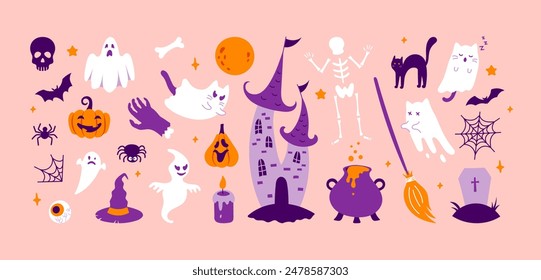 Set of flat vector Halloween elements. Cute white, purple and orange spooky ghost cat, pumpkin, bat, skull, spider, grave, cauldron, castle on pink background. Hand drawn sticker collection