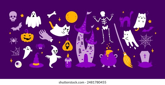 Set of flat vector Halloween elements. Cute black, white and yellow spooky ghost cat, pumpkin, bat, skull, spider, grave, cauldron, castle on dark purple background. Hand drawn sticker collection.