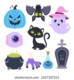 set of flat vector halloween elements, cute ghost, black cat, pumpkin, bat, eye, zombie hand, grave, cauldron and bottle of poison isolated on white background, cartoon sticker collection