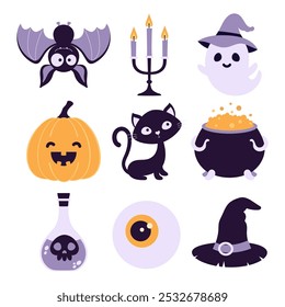 set of flat vector halloween elements, cute ghost, black cat, pumpkin, bat, eye, witch hat, cauldron and bottle of poison isolated on white background, cartoon sticker collection