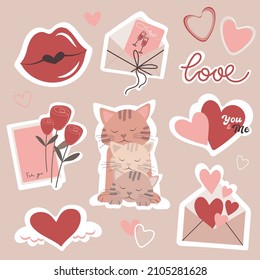 Set of flat vector hand drawn elements for Valentines Day. Hearts, cats, letters, messages, flowers, lips, lettering for design. Sticker in cartoon style. Vector illustration.
