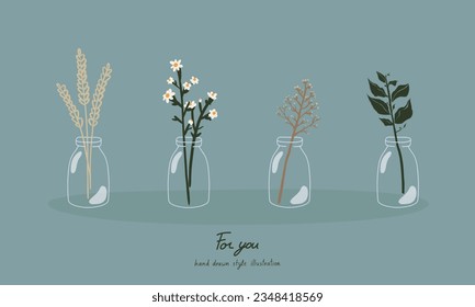 A set of flat vector hand drawn glass bottle with decorative floral design of flower. For cards, invitations, pin stickers, scrapbook