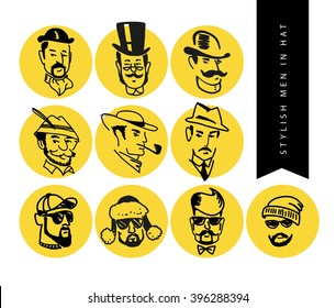 Set of flat vector hand drawn stylish man in hat portrait isolated on white backdrop. Old fashioned retro. Modern fashion. Hunter detective, barber logo. Clothing store accessory shop insignia design.
