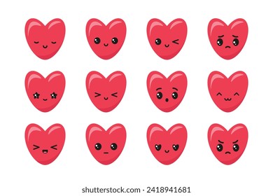 Set of flat vector hearts with kawaii emoji for apps