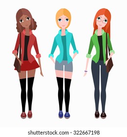 Set of  flat vector hipster girls for  illustrations, infographics, postcards and your creativity