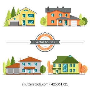 Set of flat vector houses on white background. Single-Family Home. Modern residential architecture.