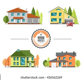 Set of flat vector houses on white background. Single-Family Home. Modern residential architecture.