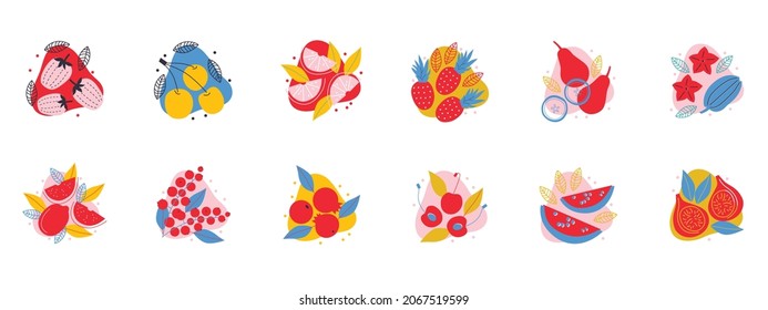 Set Flat Vector Icon Of Appetizing Fruit And Berries. Abstract Strawberry, Cherry, Pineapple, Pear, Watermelon. Funny Colored Typography Poster, Apparel Print Design, Bar Menu Decoration.