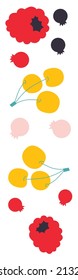 Set flat vector icon of appetizing fruit and berries. Abstract strawberry, cherry, pineapple, pear, watermelon. Funny colored typography poster, apparel print design, bar menu decoration.