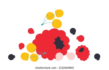 Set flat vector icon of appetizing fruit and berries. Abstract strawberry, cherry, pineapple, pear, watermelon. Funny colored typography poster, apparel print design, bar menu decoration.