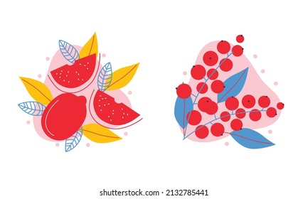 Coloque un icono de vector plano de frutas y bayas apetitosas. Resumen de frutas y bayas. Afiche de tipografía de colores divertidos, diseño de impresión de ropa, decoración de menú de barras.