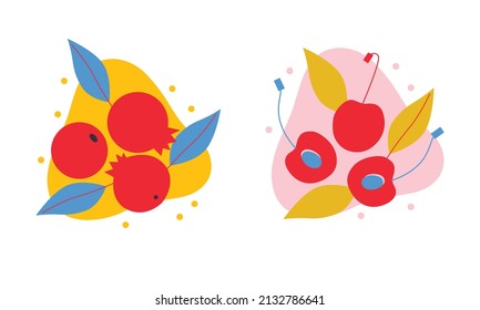 Set flat vector icon of appetizing fruit and berries. Abstract fruit and berries. Funny colored typography poster, apparel print design, bar menu decoration.