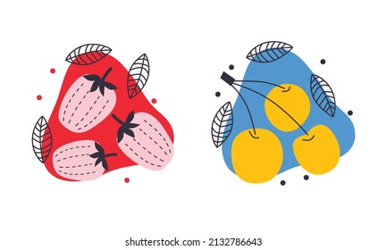 Set flat vector icon of appetizing fruit and berries. Abstract fruit and berries. Funny colored typography poster, apparel print design, bar menu decoration.