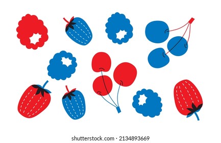 Set flat vector icon of appetizing fruit and berries. Abstract raspberry, strawberry, cherry. Fruit red and blue print. Funny colored typography poster, apparel print design, bar menu decoration