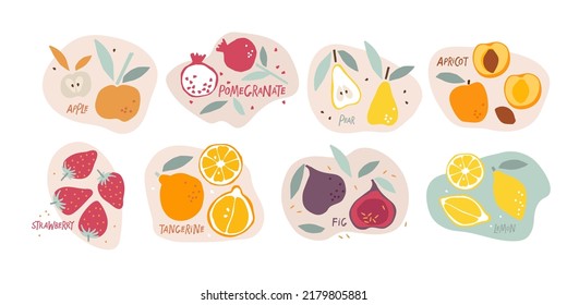 Set flat vector icon of appetizing fruit and berries. Hand drawn doodle sketch isolated. Funny colored Abstract vector Food template for menu, sticker, logo, detox diet concept, farmers market. 