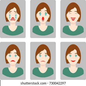 Set of flat vector icon avatar young woman, change of mood of a young woman,vector illustration in a flat style