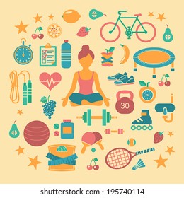 Set of flat vector icons about fitness, sport and yoga.