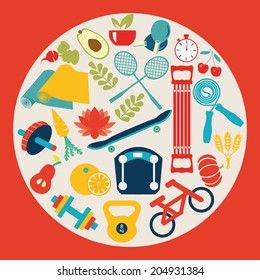 set of flat vector icons about fitness sport and Healthy Lifestyle - Illustration