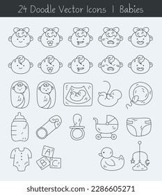 Set of flat vector icons of baby, newborn, child and motherhood symbols and elements. Cute simple doodle style vector icons of baby toys, swaddle, crying baby, ultrasound, fetus, fertility, diaper.