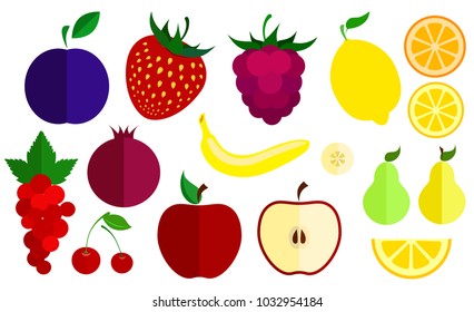 Set of flat vector icons of berries and fruits. Collection of various berries and fruits.