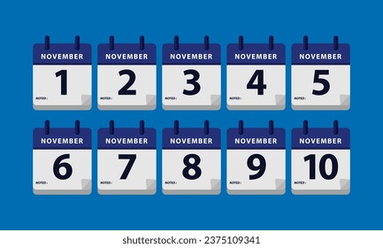 un conjunto de Iconos Vectores planos de calendarios del 1 al 10 de noviembre. Del 1 al 10 de noviembre con sombra, papel doblado sobre fondo claro. Alta resolución muy fácil de editar el formato de archivo eps 10