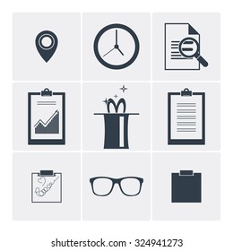 Set of flat vector icons: clock, magic, glasses, search and other. Monochrome icons.