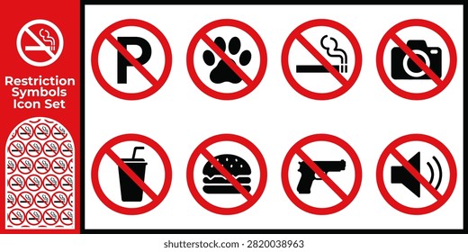 A set of flat vector icons depicting various prohibition and restriction symbols, including no smoking, parking, pets, and photography, on a white background.