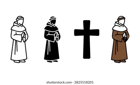 Set of flat vector icons depicting praying monks and a christian cross symbol