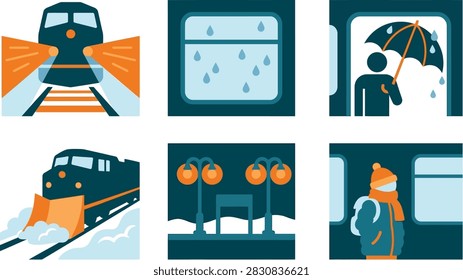 A set of flat vector icons depicting train travel, weather conditions, and seasonal commuting scenes in a stylized graphic design.