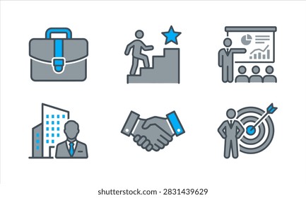 A set of flat vector icons depicting a briefcase, career advancement, a business presentation, a corporate building, a handshake, and a target goal