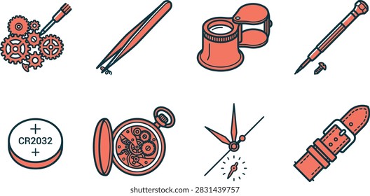 A set of flat vector icons depicting watchmaking tools, clockwork components, and accessories for horology and precision repair.