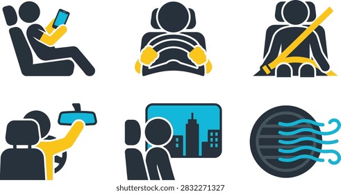 A set of flat vector icons depicting various car interior features, driving activities, and passenger safety symbols.