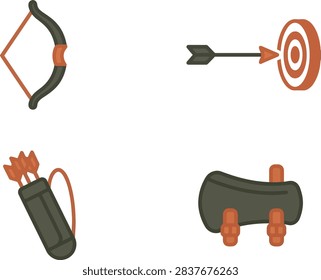 A set of flat vector icons depicting archery equipment including a bow, an arrow hitting a target, a quiver with arrows, and an arm guard.
