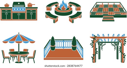 A set of flat vector icons depicting various outdoor living and backyard patio furniture elements including a grill, fire pit, deck, table, balcony, and pergola.
