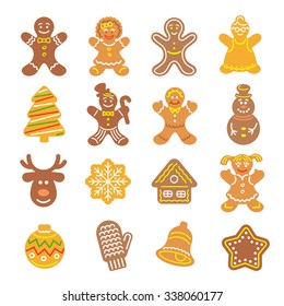 Set of flat vector icons of different Christmas cookies. Gingerbread men and girls, tree, deer, snowflake, bell and other holiday symbols, baked by hand. Festive baking for winter holidays