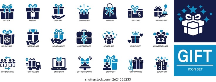 A set of flat vector icons featuring gift boxes, wrapped presents, surprises, and festive elements perfect for birthdays, holidays, and special celebrations.