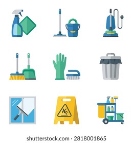 A set of flat vector icons featuring essential cleaning equipment like mops, buckets, vacuums, brushes, detergents, and safety signage for janitorial services.