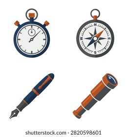 Set of Flat Vector Icons Featuring Navigation and Timekeeping Tools