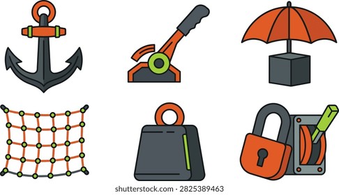 A set of flat vector icons featuring nautical and industrial equipment including an anchor, lever, umbrella, net, weight, and a locked switch.