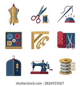 A set of flat vector icons featuring various sewing tools including a dress form, scissors, thread, buttons, sewing machine, and fabric