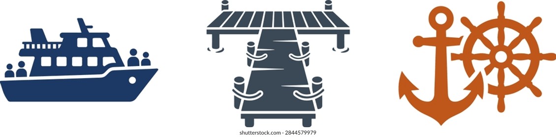 Set of flat vector icons featuring marine transportation, including a passenger ferry boat, a wooden dock, and a nautical anchor with a ship wheel.
