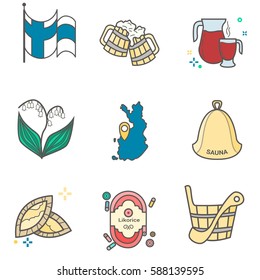 Set of flat vector icons of Finland main symbols and signs including flag and land map.
