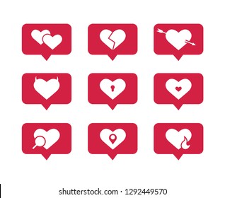 Set of flat vector icons of hearts in the style of social networks likes icons.