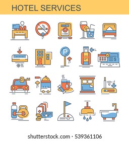 Set flat vector icons. Hotel services.