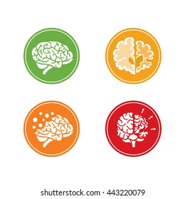 Set of flat vector Icons with human brain and concept of dementia and other mental health problems. Circle background.