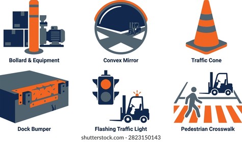 A set of flat vector icons illustrating various industrial warehouse safety equipment, traffic management tools, and pedestrian crossing signage.