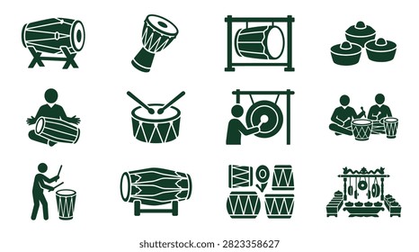 Set of flat vector icons illustrating traditional Indonesian percussion instruments including Gamelan, Kendang drums, large Bedug, Gong, and Bonang elements on a white background.