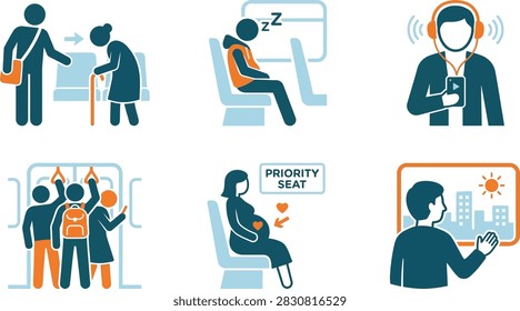 A set of flat vector icons illustrating various passenger behaviors and etiquette rules while traveling on public transportation systems.