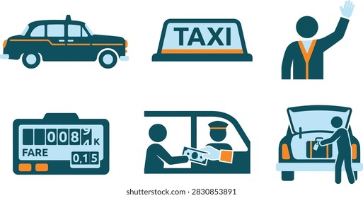A set of flat vector icons illustrating taxi services, including a car, a roof sign, a passenger hailing, a fare meter, payment, and luggage loading.