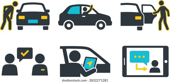 A set of flat vector icons illustrating various car-related activities, including driving, navigation, communication, and passenger interaction.